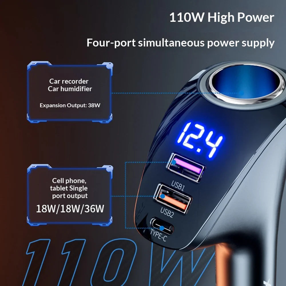 AZEADA AZ-C02 Type-C + 2 USB-A Car Cigarette Lighter Charger 36W Fast Charging Adapter with LED Display - Black - 3