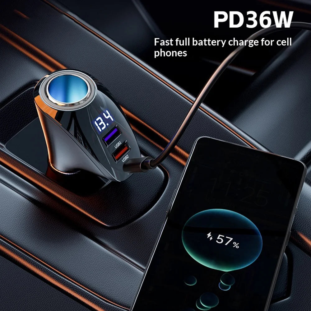 AZEADA AZ-C02 Type-C + 2 USB-A Car Cigarette Lighter Charger 36W Fast Charging Adapter with LED Display - Black - 4