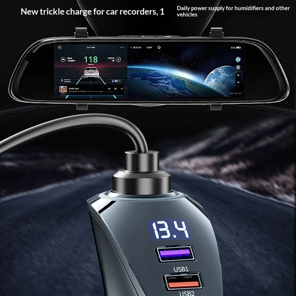 AZEADA AZ-C02 Type-C + 2 USB-A Car Cigarette Lighter Charger 36W Fast Charging Adapter with LED Display - Black - 6