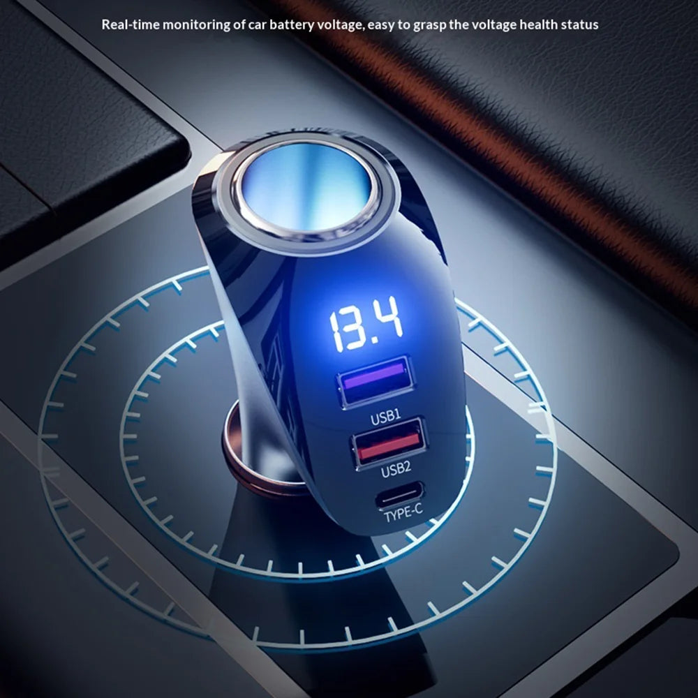 AZEADA AZ-C02 Type-C + 2 USB-A Car Cigarette Lighter Charger 36W Fast Charging Adapter with LED Display - Black - 7