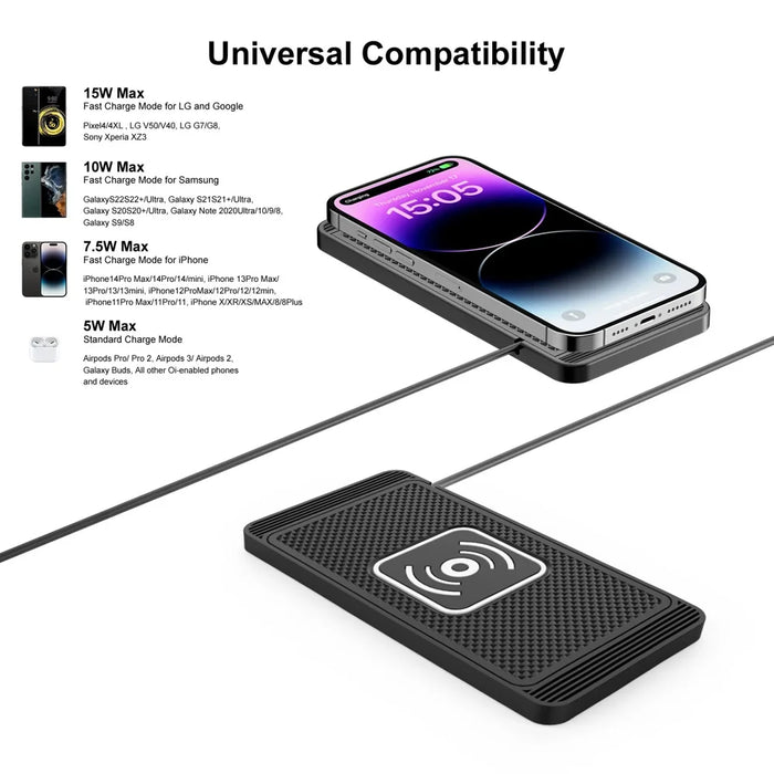 Portable Car Wireless Charger Non-slip Silicone 15W Qi Fast Charging Pad for Huawei iPhone Samsung - USB Interface - 6