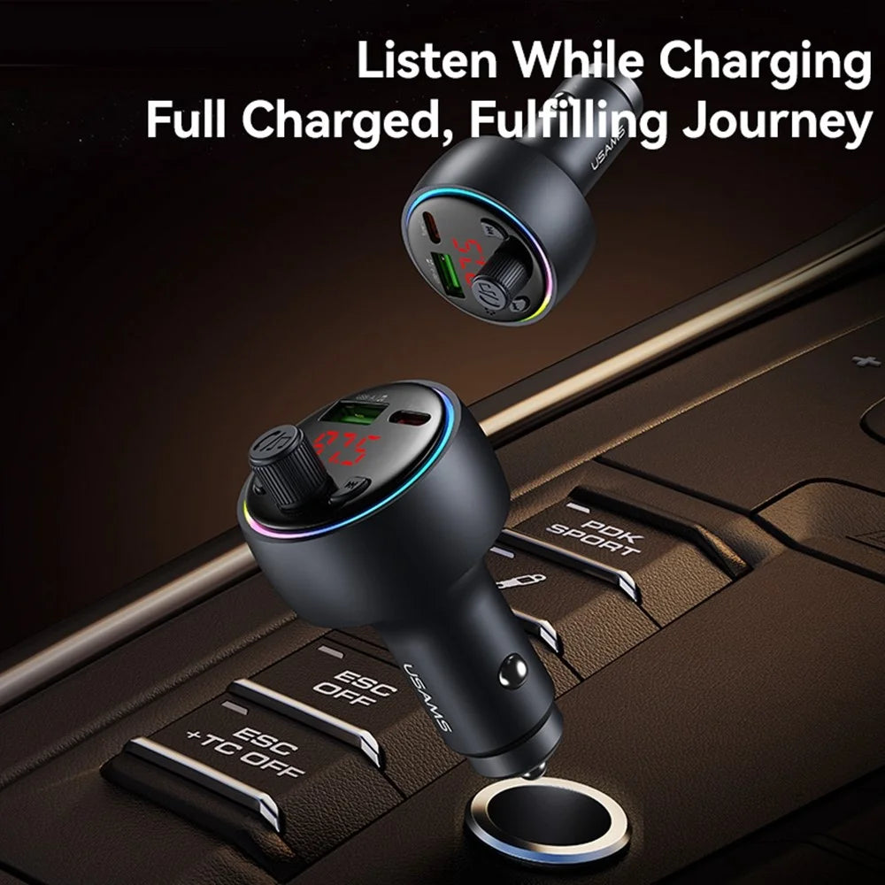 USAMS CC328 30W USB-A + Type-C Digital Display Bluetooth-compatible FM Car Charger with RGB Ambient Light - Tarnish - 2