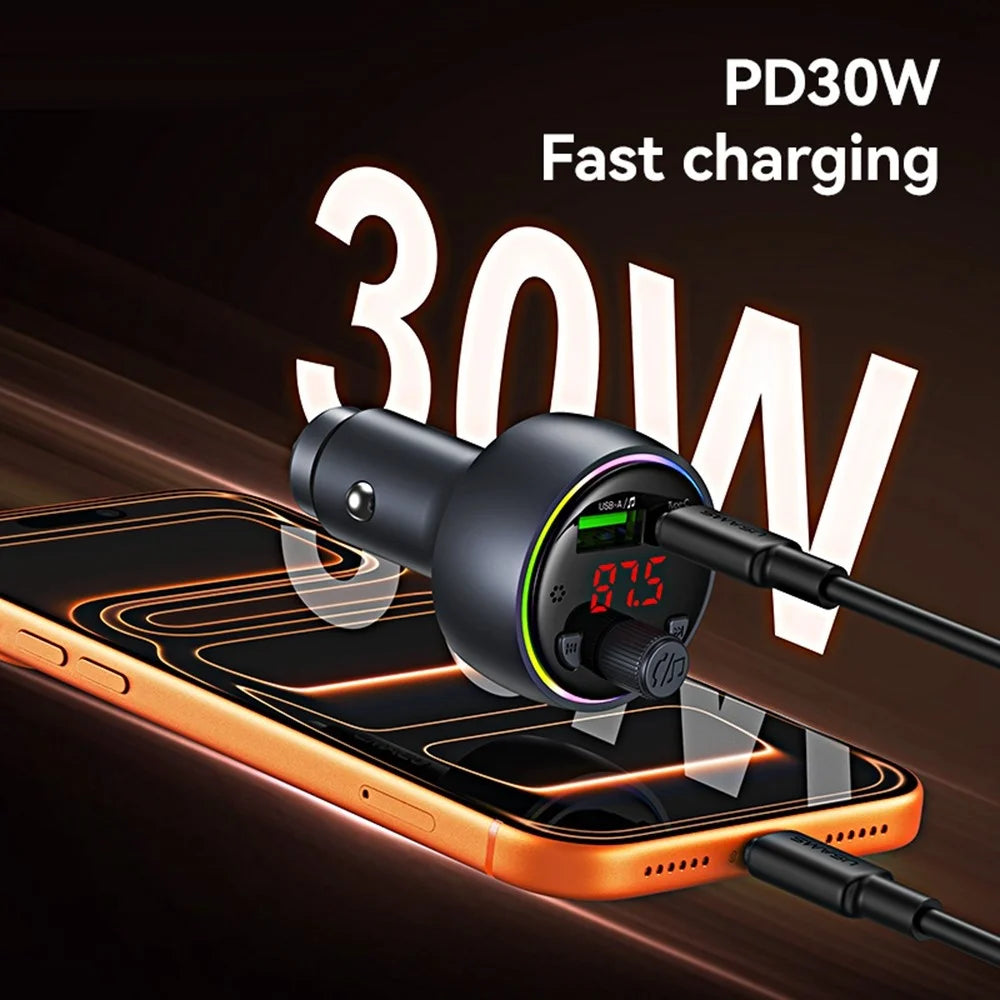 USAMS CC328 30W USB-A + Type-C Digital Display Bluetooth-compatible FM Car Charger with RGB Ambient Light - Tarnish - 6