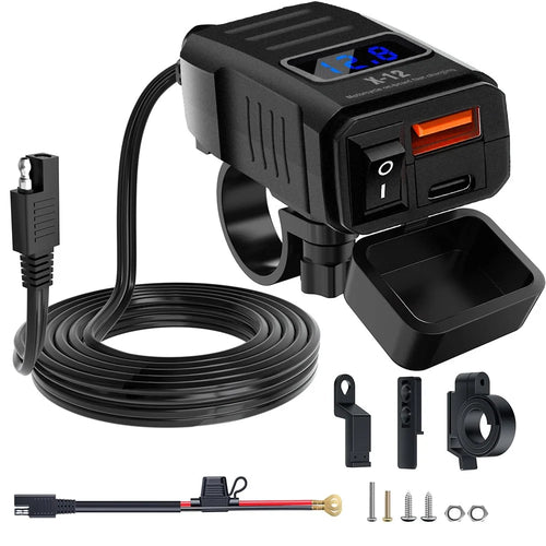 X-12 Handlebar Mount USB + Type-C Motorcycle Charger with Voltage Display Fast Charging Adapter with Switch - Black - 1