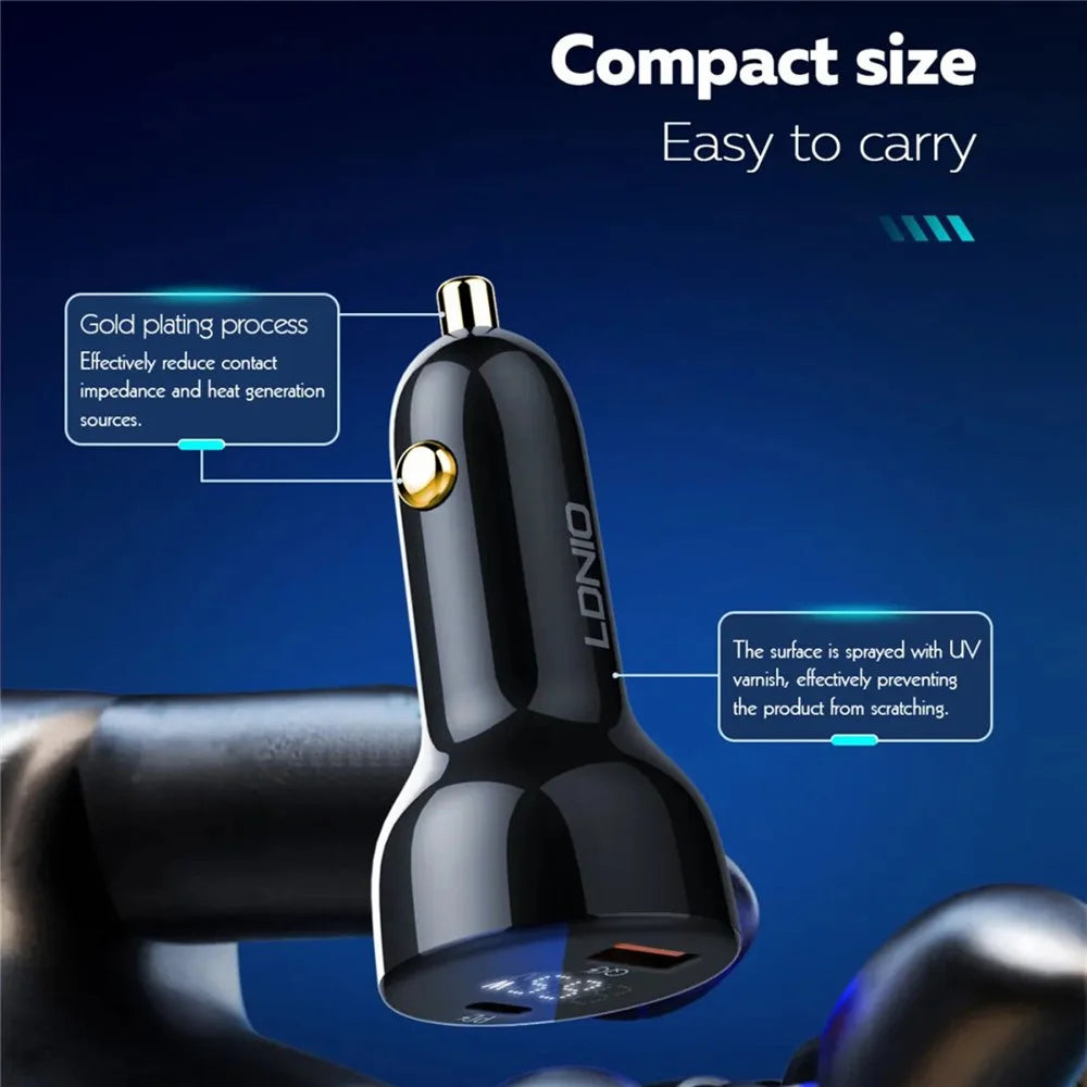 LDNIO C101 100W Car Charger LED Display Dual Port USB-A Type-C PD QC3.0 Fast Charging Car Adapter - Black - 5