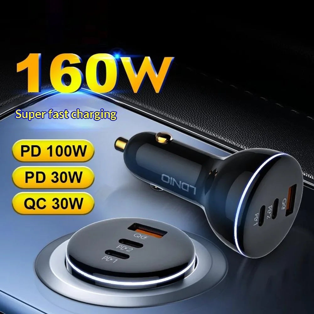 LDNIO C102 160W Car Charger 3-Port PD 100W QC 30W Fast Charging Car Adapter for Laptop Phone - Black - 2