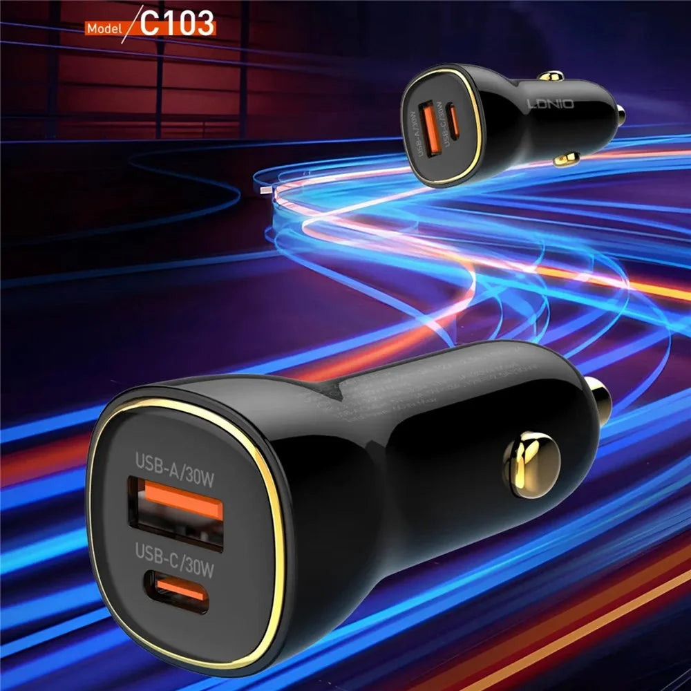 LDNIO C103 60W Dual Port Car Charger PD 30W+QC 30W PPS Fast Charging Car Adapter for Phone Tablet - Bla - 3