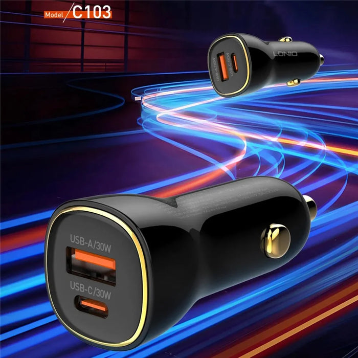 LDNIO C103 60W Dual Port Car Charger PD 30W+QC 30W PPS Fast Charging Car Adapter for Phone Tablet - Bla - 3