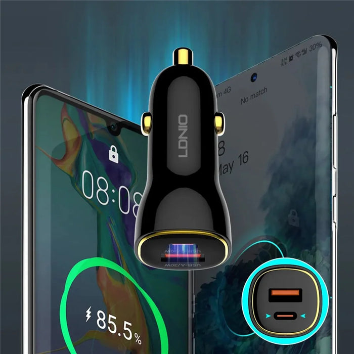 LDNIO C103 60W Dual Port Car Charger PD 30W+QC 30W PPS Fast Charging Car Adapter for Phone Tablet - Bla - 6