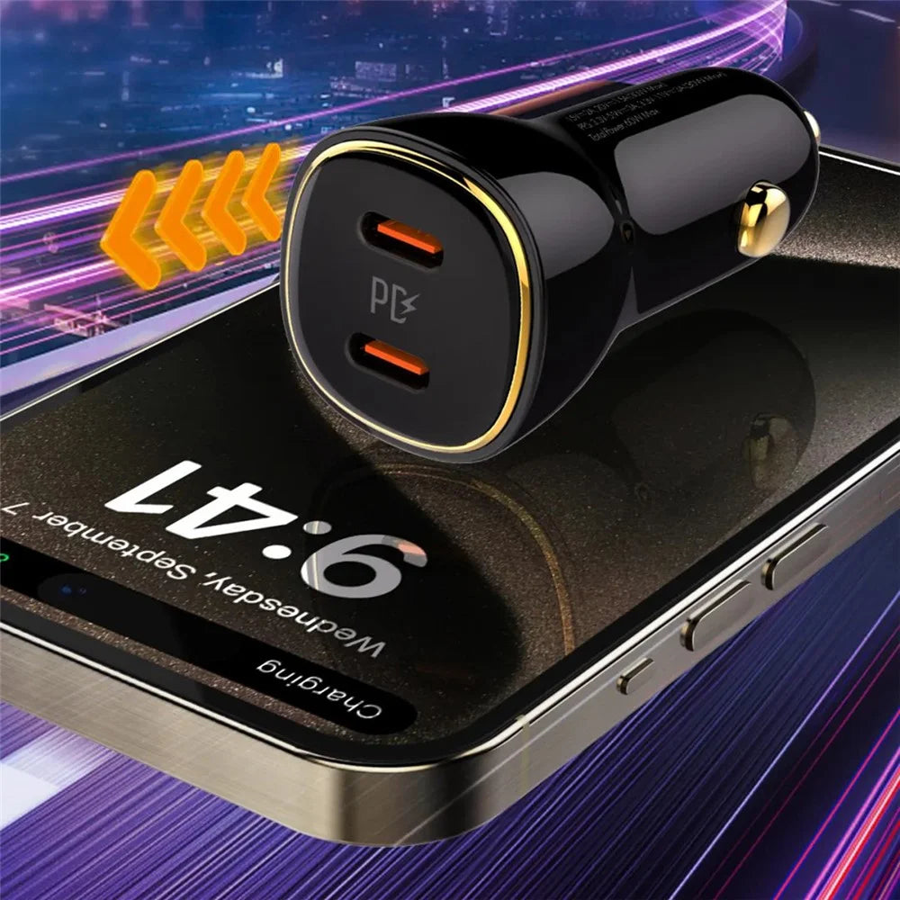 LDNIO C104 60W Dual USB-C Car Charger PD30W + PPS Fast Charging Car Adapter for iPhone Samsung - Black - 2