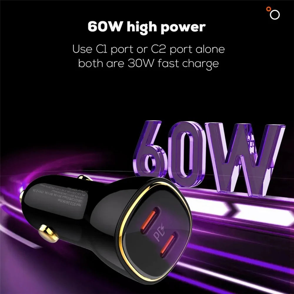 LDNIO C104 60W Dual USB-C Car Charger PD30W + PPS Fast Charging Car Adapter for iPhone Samsung - Black - 3