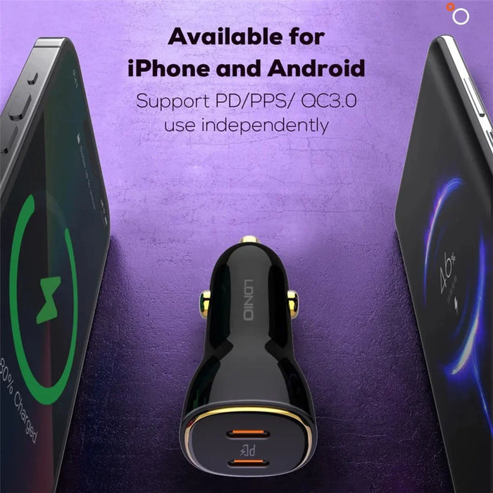 LDNIO C104 60W Dual USB-C Car Charger PD30W + PPS Fast Charging Car Adapter for iPhone Samsung - Black - 5