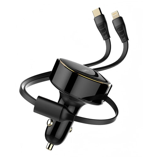 LDNIO C107 30W Car Charger PD QC Fast Charging Car Adapter with Retractable iP (5-14) & Type-C Cable - Black - 1