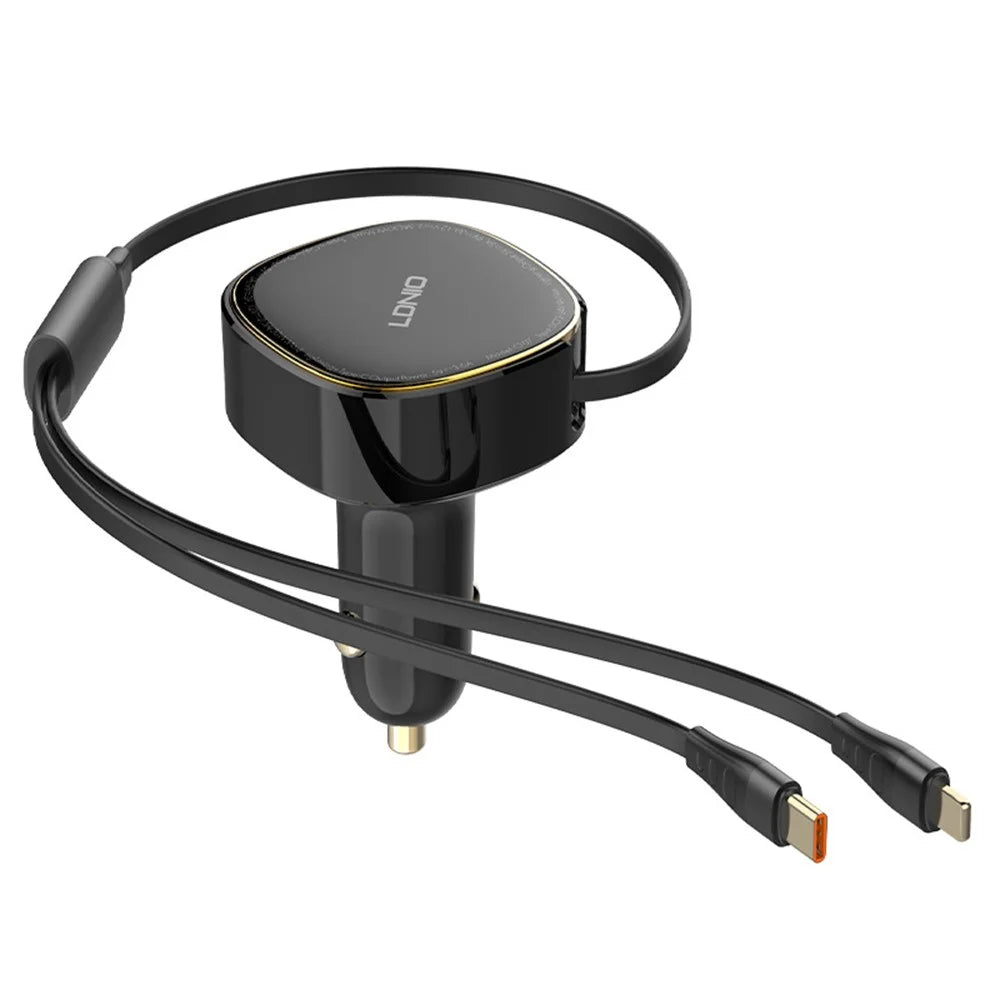 LDNIO C107 30W Car Charger PD QC Fast Charging Car Adapter with Retractable iP (5-14) & Type-C Cable - Black - 2