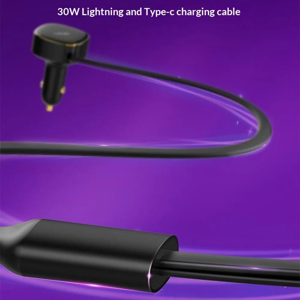 LDNIO C107 30W Car Charger PD QC Fast Charging Car Adapter with Retractable iP (5-14) & Type-C Cable - Black - 3
