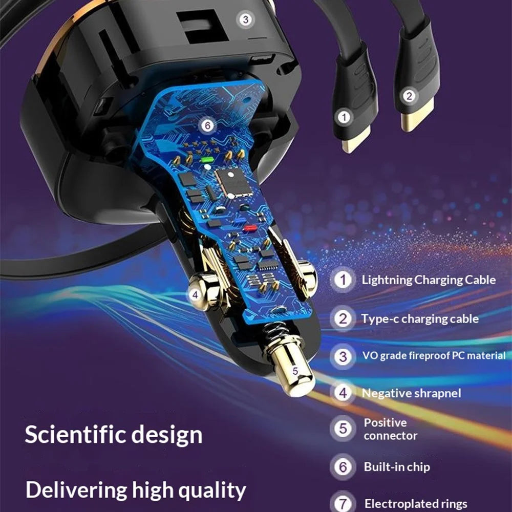 LDNIO C107 30W Car Charger PD QC Fast Charging Car Adapter with Retractable iP (5-14) & Type-C Cable - Black - 5
