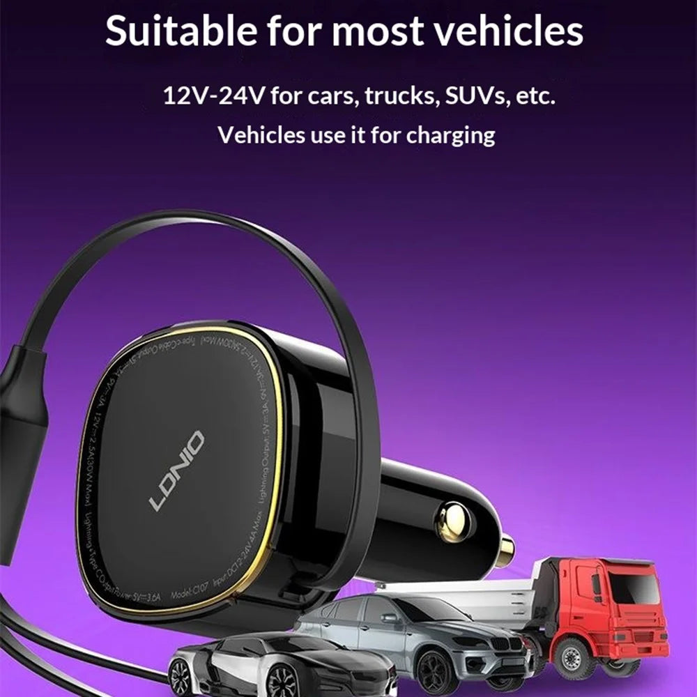 LDNIO C107 30W Car Charger PD QC Fast Charging Car Adapter with Retractable iP (5-14) & Type-C Cable - Black - 6