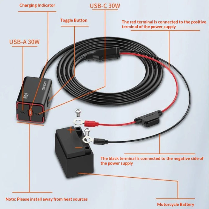LDNIO C108 Motorcycle Charger 60W Dual Port PD QC Fast Charging Waterproof Adapter for Battery - Black - 7