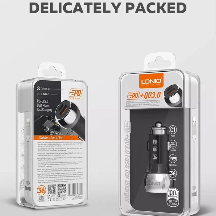 LDNIO C1 36W Car Charger Metal Dual Port PD 20W + QC3.0 18W Fast Charging Car Adapter for iPhone Android - Black - 7