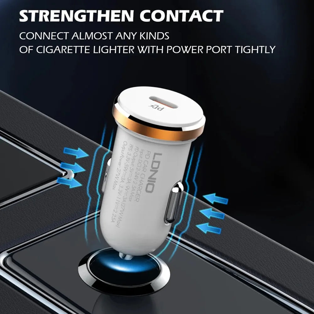 LDNIO C22Q 27W PD PPS Car Charger with Type-C to Type-C Cable Single Port USB-C Fast Charging Car Adapter for iPhone Samsung Xiaomi - White - 5