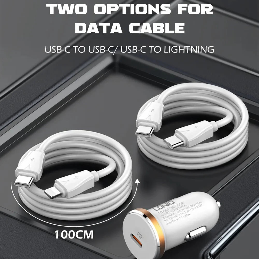 LDNIO C22Q 27W PD PPS Car Charger with Type-C to Type-C Cable Single Port USB-C Fast Charging Car Adapter for iPhone Samsung Xiaomi - White - 6