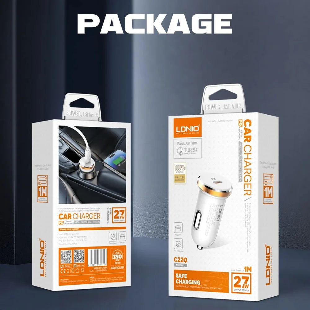 LDNIO C22Q 27W PD PPS Car Charger with Type-C to Type-C Cable Single Port USB-C Fast Charging Car Adapter for iPhone Samsung Xiaomi - White - 7