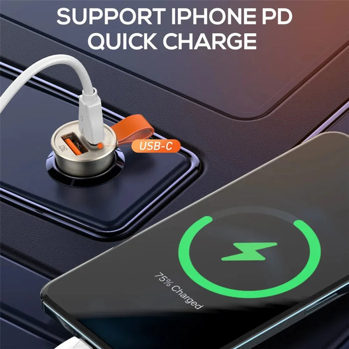 LDNIO C509Q 30W Car Charger Dual Port USB-C PD USB-A QC4.0 Fast Charging Adapter with Built-in Lanyard for iPhone Samsung - Gold - 3