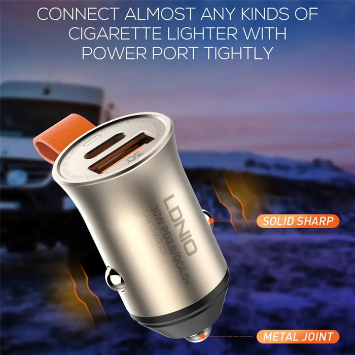 LDNIO C509Q 30W Car Charger Dual Port USB-C PD USB-A QC4.0 Fast Charging Adapter with Built-in Lanyard for iPhone Samsung - Gold - 5