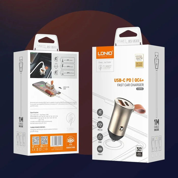 LDNIO C509Q 30W Car Charger Dual Port USB-C PD USB-A QC4.0 Fast Charging Adapter with Built-in Lanyard for iPhone Samsung - Gold - 7