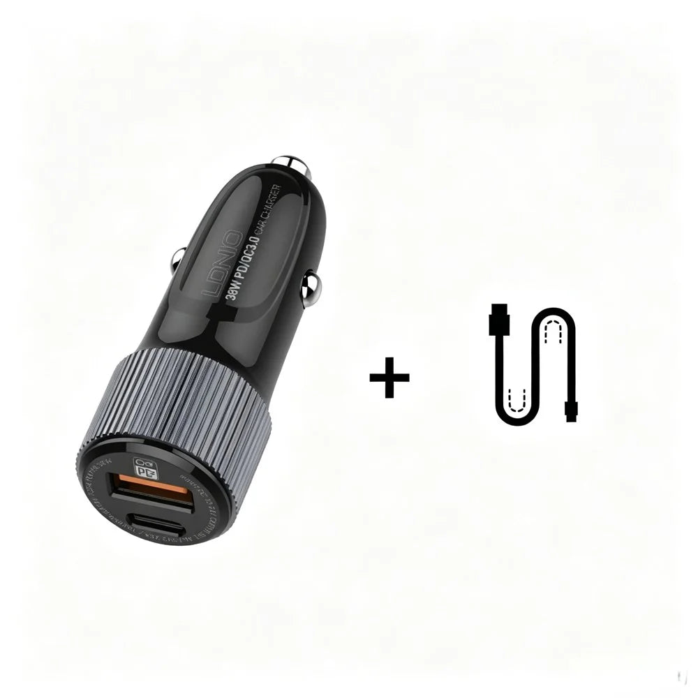 LDNIO C510Q 36W Dual Port Car Charger with USB-C to USB-C Cable 20W PD3.0 18W QC3.0 Fast Charging Adapter for Phone Tablet - Black - 1