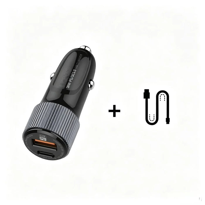 LDNIO C510Q 36W Dual Port Car Charger with USB-C to USB-C Cable 20W PD3.0 18W QC3.0 Fast Charging Adapter for Phone Tablet - Black - 1