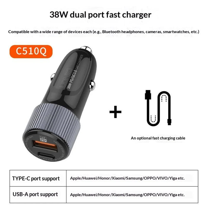 LDNIO C510Q 36W Dual Port Car Charger with USB-C to USB-C Cable 20W PD3.0 18W QC3.0 Fast Charging Adapter for Phone Tablet - Black - 7
