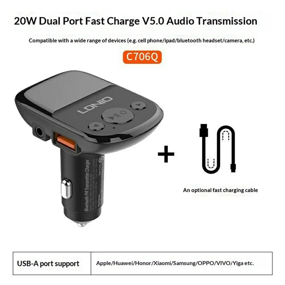 LDNIO C706Q Bluetooth-compatible 5.0 FM Transmitter Dual USB Port 25W Car Charger 20W QC3.0 5W AUTO-ID 3.5mm AUX Fasting Charging Adapter for Phone - Black - 2