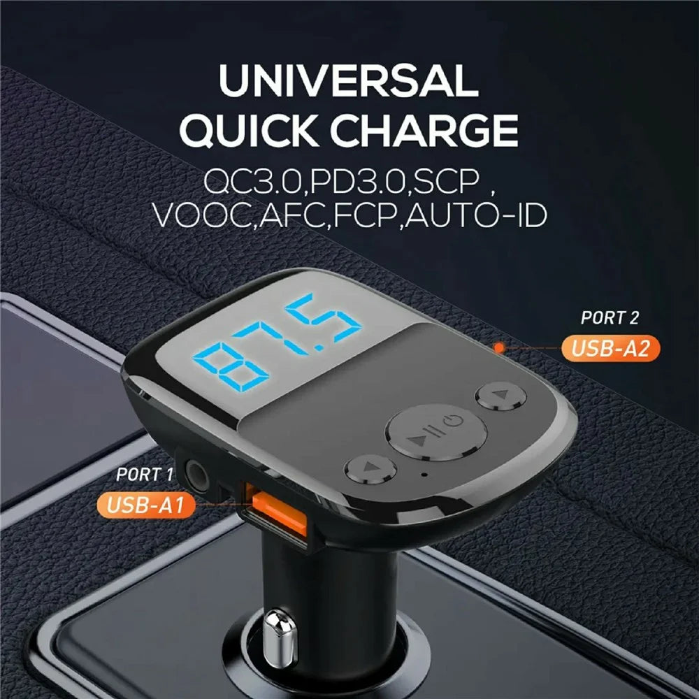 LDNIO C706Q Bluetooth-compatible 5.0 FM Transmitter Dual USB Port 25W Car Charger 20W QC3.0 5W AUTO-ID 3.5mm AUX Fasting Charging Adapter for Phone - Black - 3