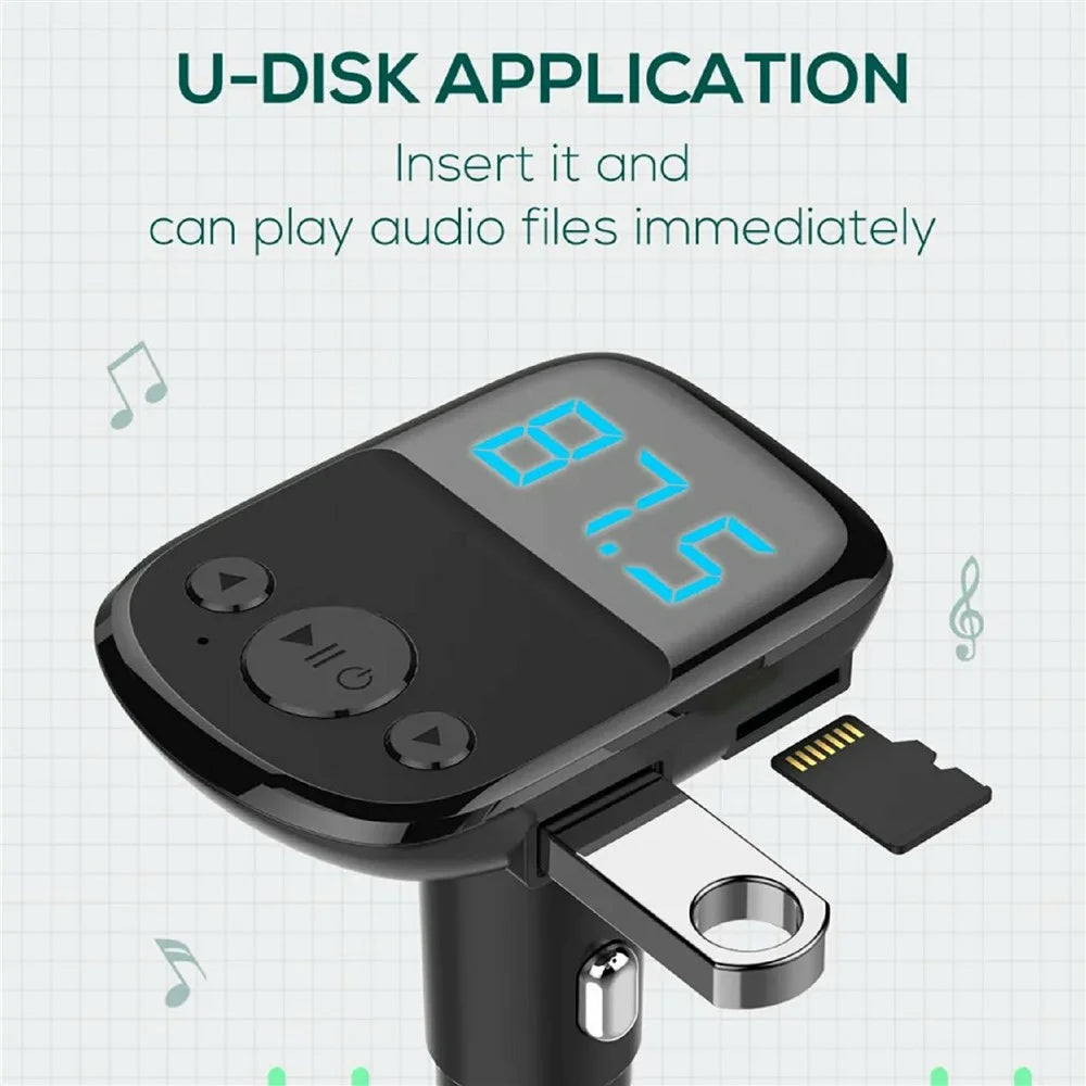 LDNIO C706Q Bluetooth-compatible 5.0 FM Transmitter Dual USB Port 25W Car Charger 20W QC3.0 5W AUTO-ID 3.5mm AUX Fasting Charging Adapter for Phone - Black - 5