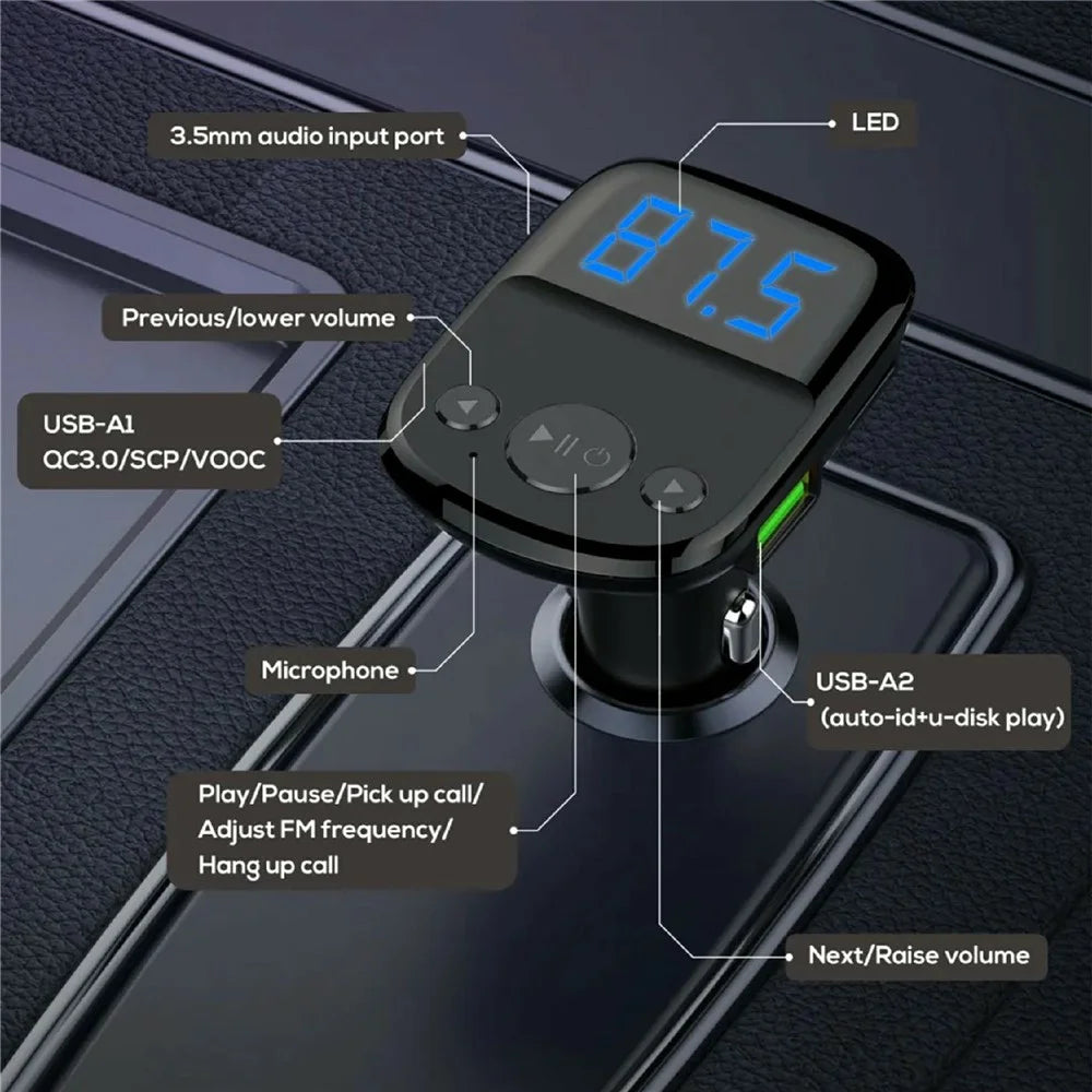 LDNIO C706Q Bluetooth-compatible 5.0 FM Transmitter Dual USB Port 25W Car Charger 20W QC3.0 5W AUTO-ID 3.5mm AUX Fasting Charging Adapter for Phone - Black - 6