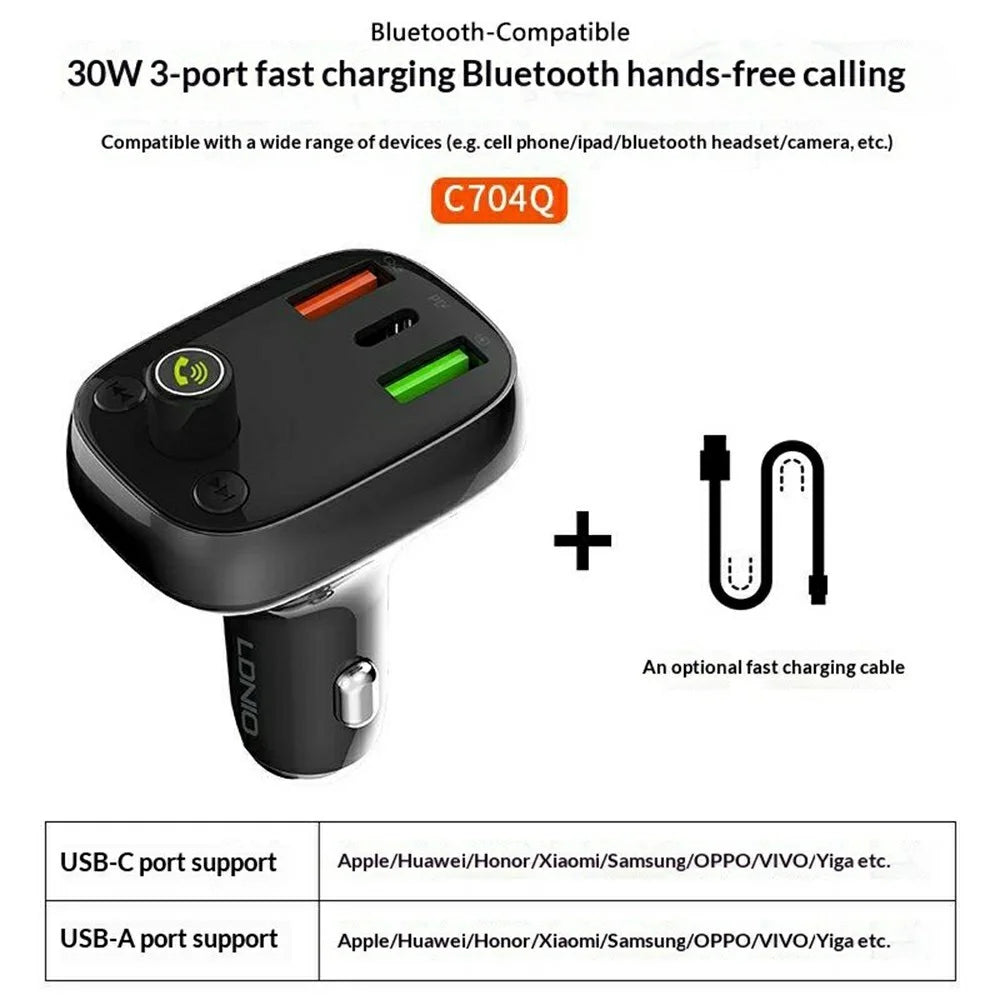 LDNIO C704Q Car Charger with USB Cable Bluetooth-compatible 5.0 FM Transmitter 3 Port PD QC4.0 Auto-ID LED Display Fasting Charging Adapter - Grey - 2