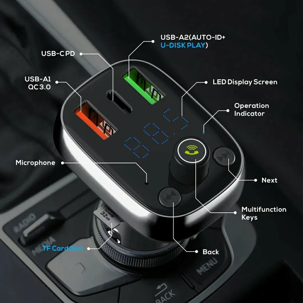 LDNIO C704Q Car Charger with USB Cable Bluetooth-compatible 5.0 FM Transmitter 3 Port PD QC4.0 Auto-ID LED Display Fasting Charging Adapter - Grey - 6