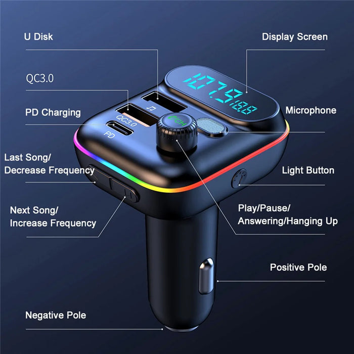 T70 Bluetooth-compatible 5.0 FM Transmitter USB PD 18W QC3.0 Fast Charging Adapter Music Player with Hands-free Calling for Car - 7