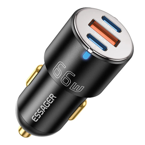 ESSAGER F689 66W Dual USB C + USB A 3 Ports Car Charger Phone Charging Adapter - Black - 1