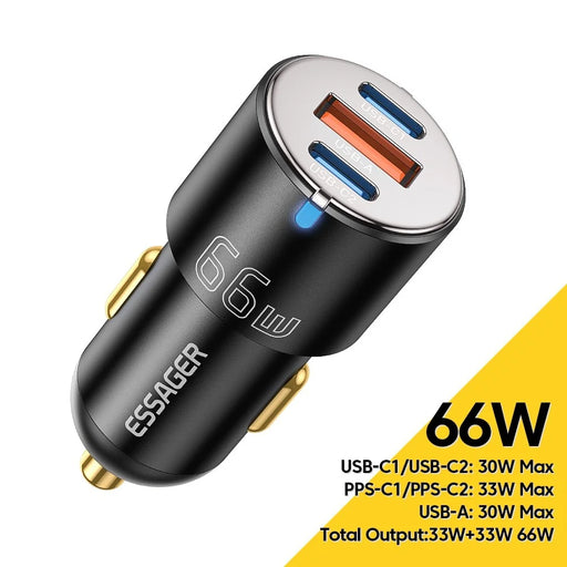ESSAGER F689 66W Dual USB C + USB A 3 Ports Car Charger Phone Charging Adapter - Black - 2