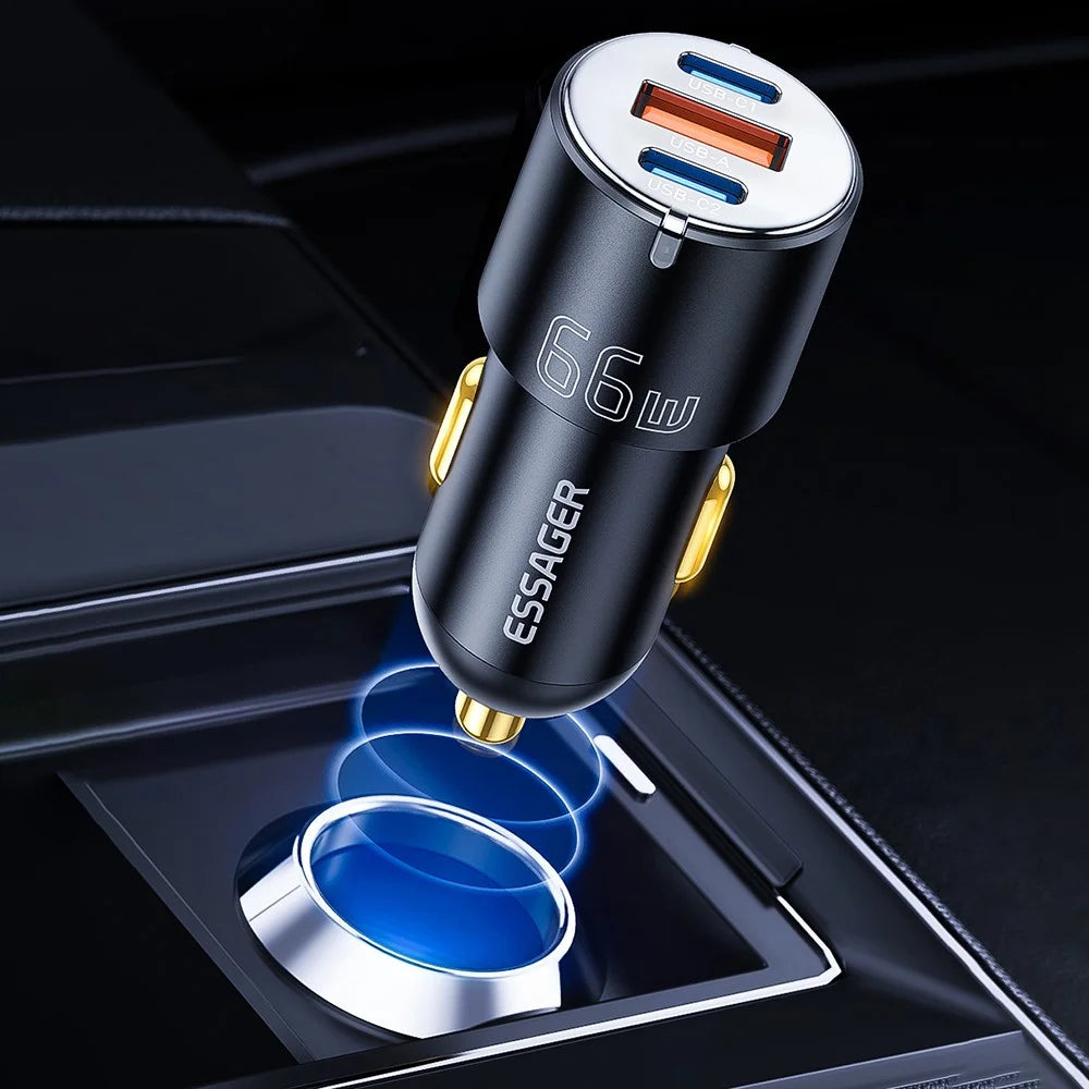 ESSAGER F689 66W Dual USB C + USB A 3 Ports Car Charger Phone Charging Adapter - Black - 3