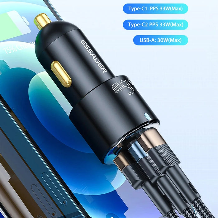 ESSAGER F689 66W Dual USB C + USB A 3 Ports Car Charger Phone Charging Adapter - Black - 5