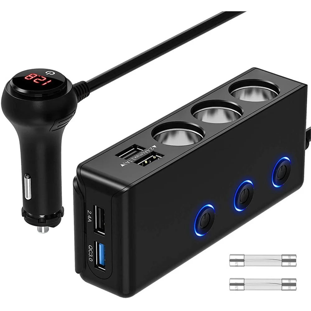 TR30 120W 4 USB Ports Car Charger 3 Cigarette Lighter Sockets Voltage Digital Display QC3.0 Charging Adapter with Independent Switch - 1