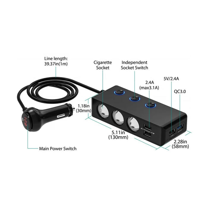 TR30 120W 4 USB Ports Car Charger 3 Cigarette Lighter Sockets Voltage Digital Display QC3.0 Charging Adapter with Independent Switch - 2