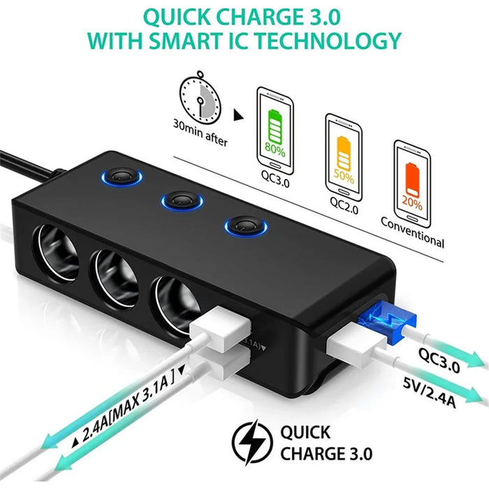 TR30 120W 4 USB Ports Car Charger 3 Cigarette Lighter Sockets Voltage Digital Display QC3.0 Charging Adapter with Independent Switch - 3