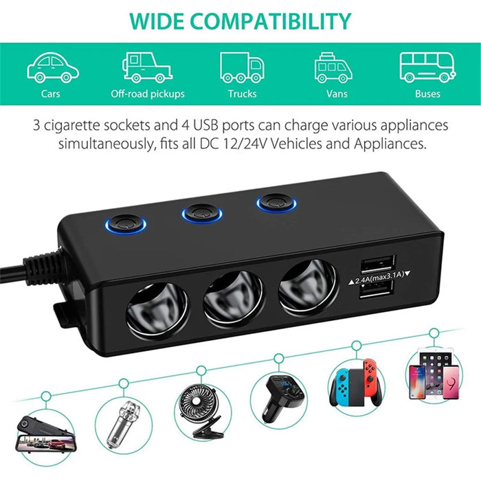 TR30 120W 4 USB Ports Car Charger 3 Cigarette Lighter Sockets Voltage Digital Display QC3.0 Charging Adapter with Independent Switch - 5