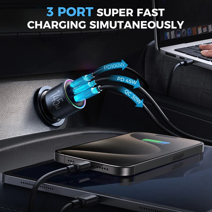 JOYROOM JR-CCN07 145W Super Fast Charging 3-Port Car Charger 2 Type-C + USB Car Charger Set with Type-C to Type-C Data Cable - 3