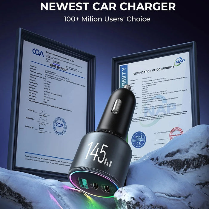 JOYROOM JR-CCN07 145W Super Fast Charging 3-Port Car Charger 2 Type-C + USB Car Charger Set with Type-C to Type-C Data Cable - 6