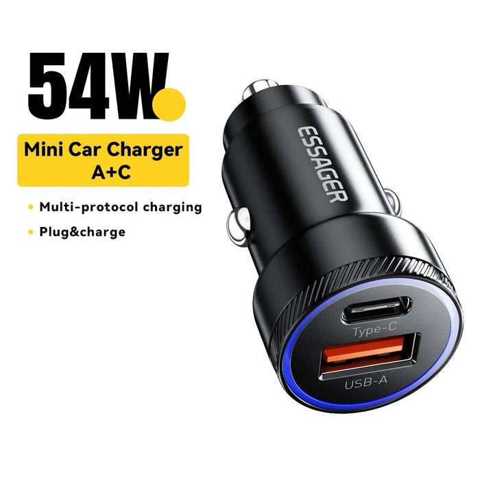 ESSAGER 54W USB+Type-C Phone Fast Charging Adapter ABS+Aluminum Alloy Mini Car Charger - Black - 2
